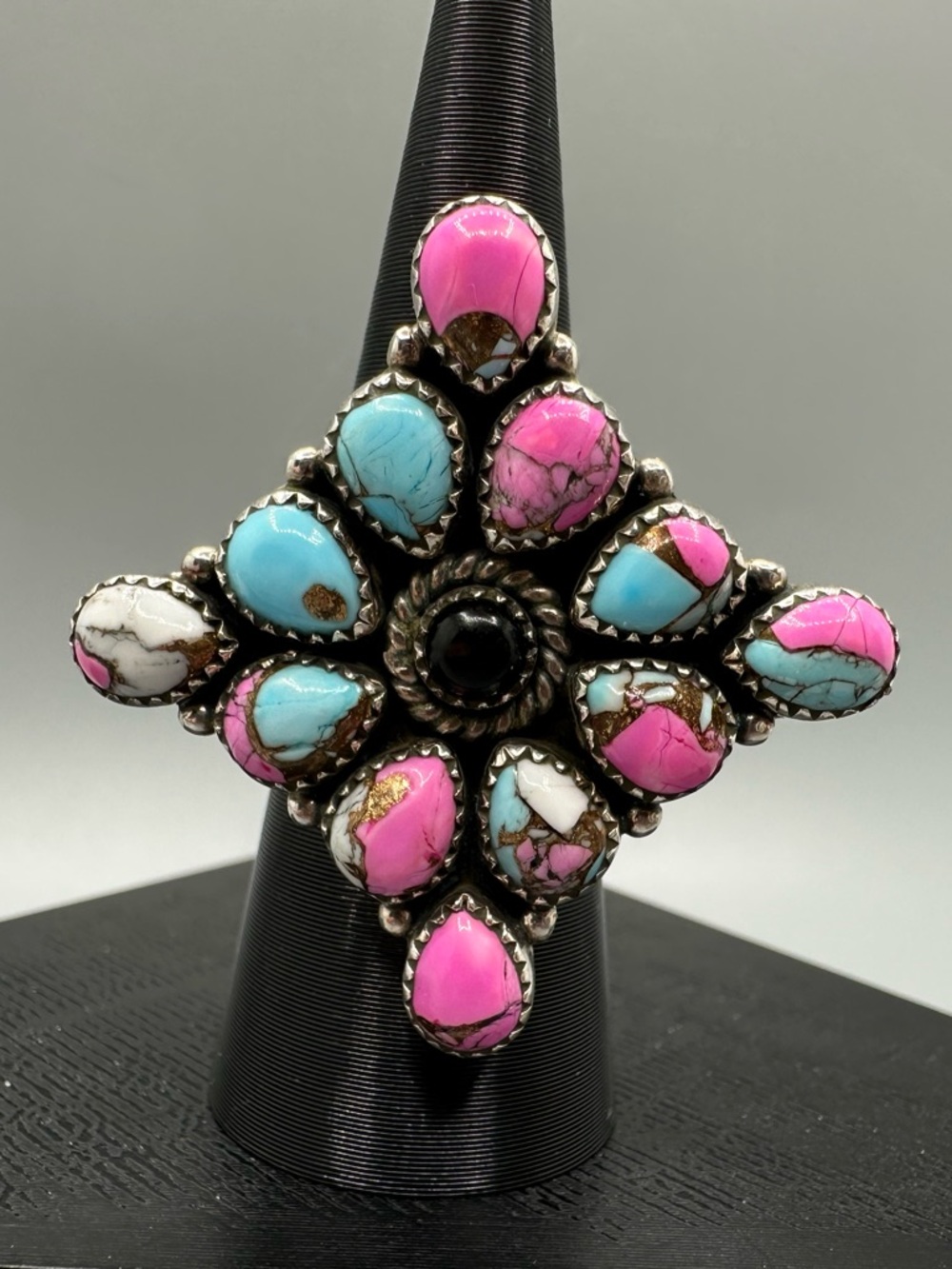 Cotton Candy Dahlia Turquoise Onyx Sterling Silver 925 Adjustable Ring Handmade